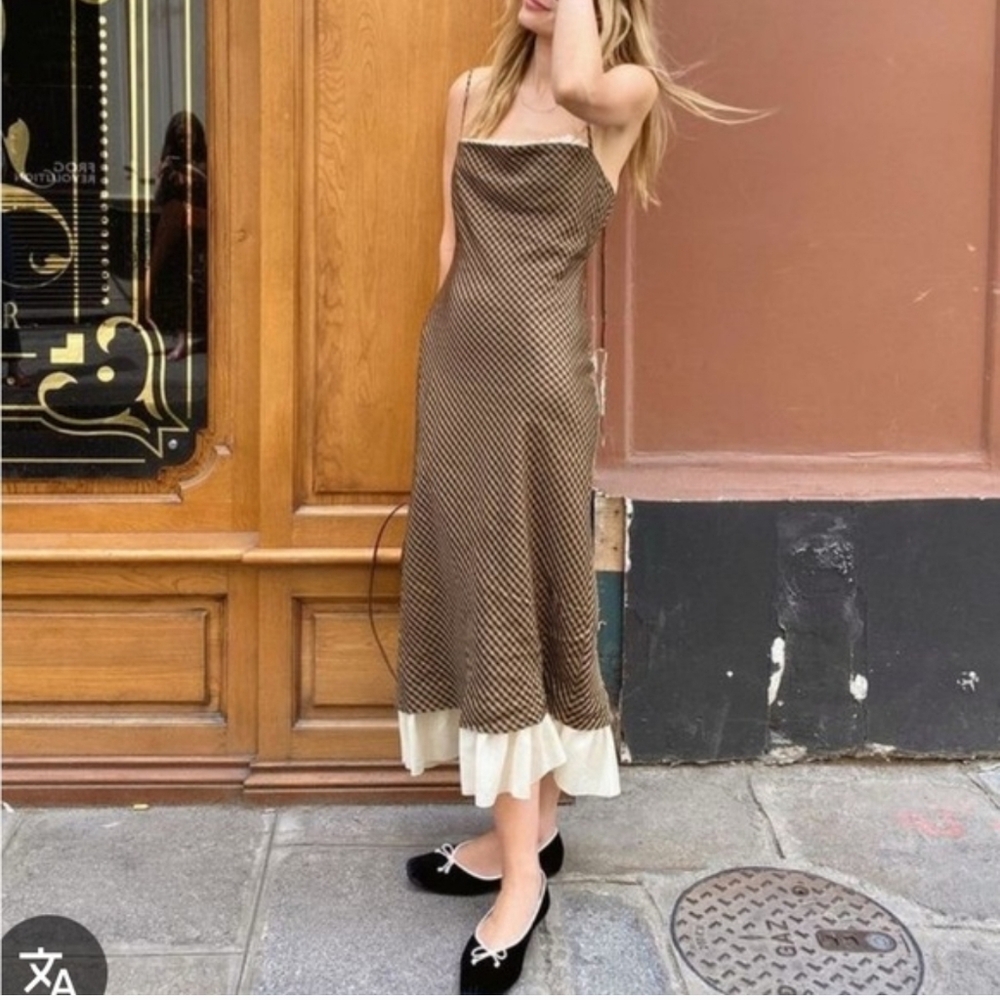 ANTONIO MELANI Brown Slip Maxi Dress with Cream Ruffle Hem
